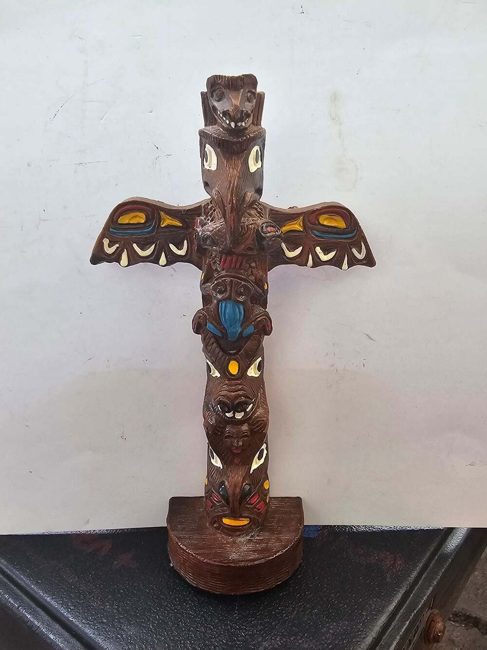 Vintage Edmund Wolf Jr Totem Pole Native Art Resin Hand Painted Raven